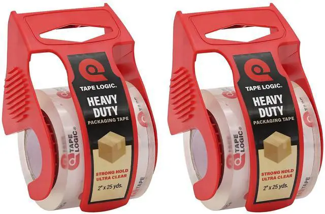 Main image of Heavy Duty Packing Tape with Dispenser (2 Pack) 2.6 Mil Thick Clear Shipping Tape, 2 in x 25 yd Strong Industrial Adhesive for Moving Boxes, Mailing, & Shipping Packaging