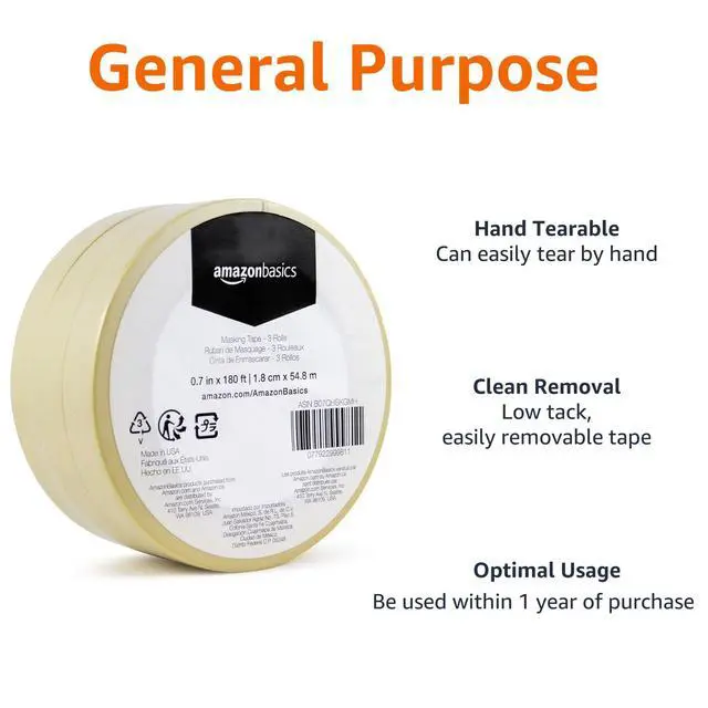 Alt view image 2 of 5 - Low Tack Masking Tape, General Purpose, Hand Tearable, Removes Easily, for Labeling, 0.7 inch x 180 feet, Beige, 3-Pack