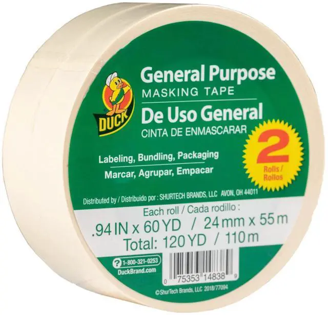 Main image of Brand General Purpose Masking Tape 1 in. Wide (0.94 in x 60 yd), Strong Adhesion for Everyday Use, Beige, 2 Roll Pack (241577)