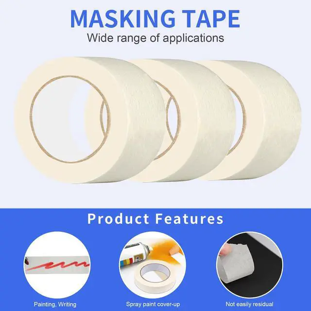 Alt view image 4 of 7 - Masking Tape 2 inch Wide 3 Pack, Painting Tape for General Purpose Use, 2 inches x 55 Yards x 3 Rolls, 165 Yards in Total