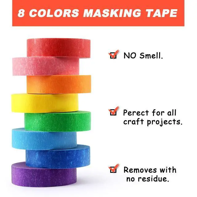 Alt view image 4 of 7 - 8 Rolls Colored Masking Tape Rainbow Painters Tape, 0.6 Inch x 16 Yard