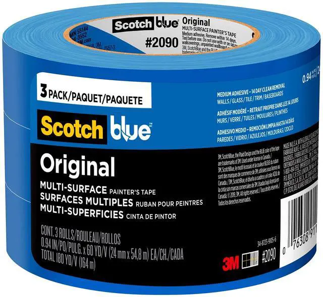 Main image of Original Multi-Surface Painters Tape, 1 Inch Wide (0.94 in. x 60 Yds), 3 Rolls, Blue, Paint Tape Protects and Removes Easily, Masking Tape for Indoor and Outdoor Use (2090-24EC3)