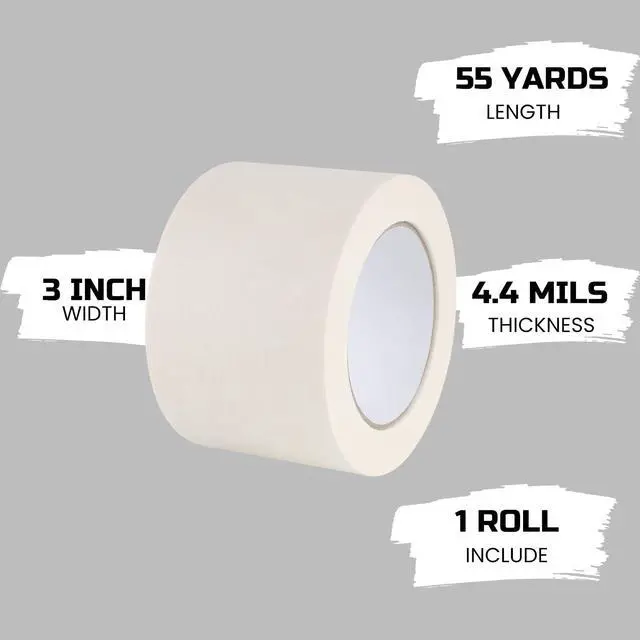 Alt view image 2 of 7 - Wide Masking Tape 3 inches, 1 Pack General Purpose Beige White Masking Tape, 3 inches x 55 Yards x 1 Roll