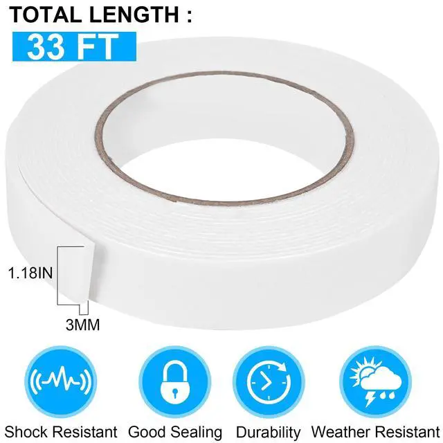 Alt view image 2 of 7 - Double Sided Foam Tape 1.18In x 33FT, Mounting Tape Heavy Duty, Strong Adhesive Weatherproof Seal Strips for DIY Craft Picture Poster, Car & Gap Filling Mountings, Home Office Decor (White)