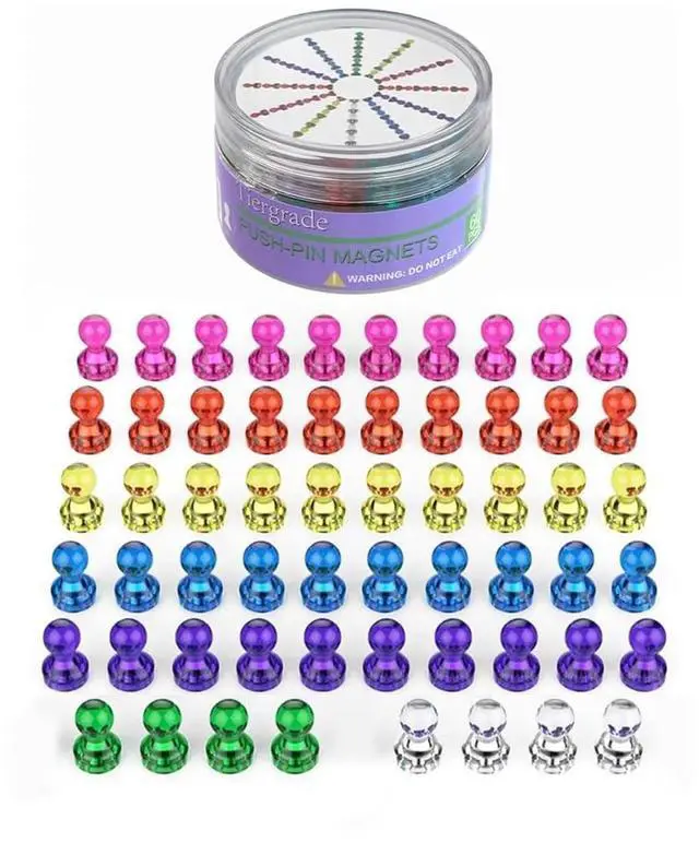 Main image of Push Pin Magnets - 58 Pack 7 Assorted Color Strong, Office, Use at Kitchen Home and School Classroom, for Refrigerator Dry Erase Board and Whiteboard.