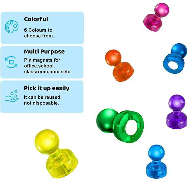 Alt view image 7 of 7 - 60 PCS Colorful Strong Magnetic Push Pin Magnets, Office Classroom Magnets,6 Assorted Color, Perfect to use as Kitchen Home and School, Map Magnets,Whiteboard Magnets