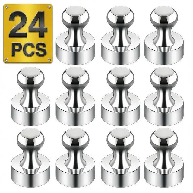 Main image of Metallic Magnets, Refrigerator Magnets, 24 Pack Magnetic Push Pins, Strong Fridge Magnets, Multi-use Whiteboard Magnets Perfect for Kitchen Office Classroom