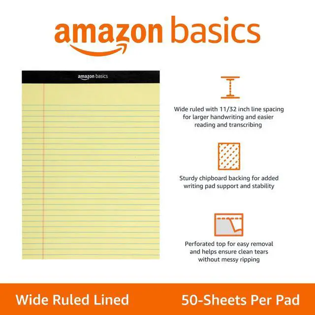 Alt view image 2 of 5 - Wide Ruled Lined Writing Pads, 8.5" x 11.75", Canary, 12-Pack of 50 Perforated Sheets, Sturdy Backing