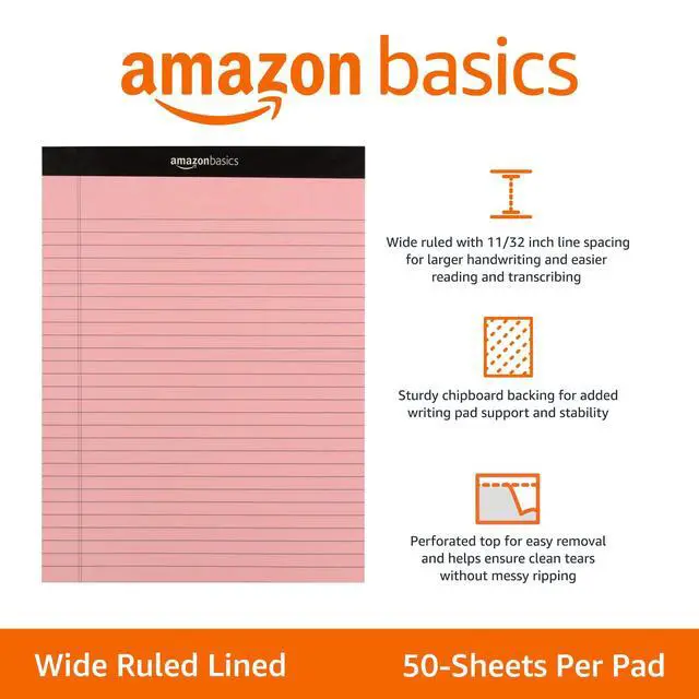 Alt view image 2 of 5 - Wide Ruled Lined Writing Note Pads with Sturdy Back, 8.5" x 11.75", Multicolor, 6-Pack, 300 Sheets, Perforated
