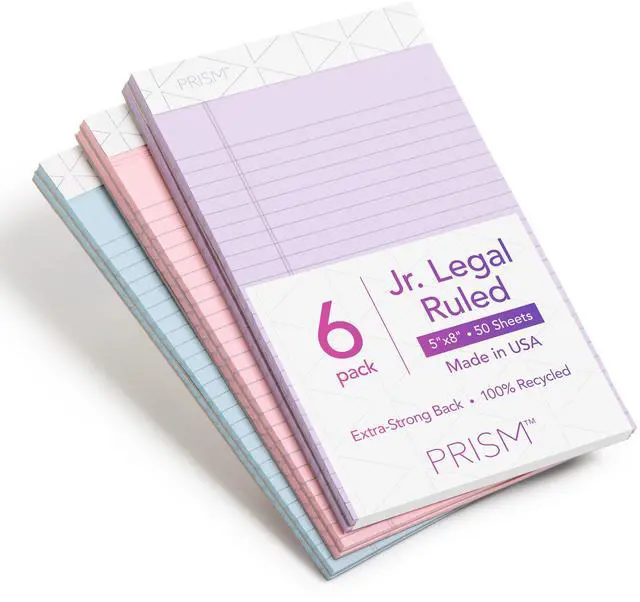 Main image of 5 x 8 Legal Pads, 6 Pack, Prism Brand, 2 Pink/2 Blue/2 Purple, Narrow Ruled, 50 Sheets Per Writing Pad, Made in USA (63016)