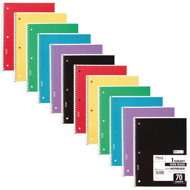 Main image of Spiral Notebook, 12 Pack, 1 Subject, Wide Ruled Paper, 7-1/2" x 10-1/2", 70 Sheets per Notebook, Colors Will Vary (930202-ECM25)
