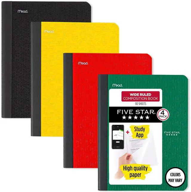 Main image of Composition Book + Study App, 4 Pack, Wide Ruled Paper, 7-1/2" x 9-3/4", 80 Sheets, Forest Green, Tidewater Blue, Fire Red and Harvest Yellow (950033B-ECM)