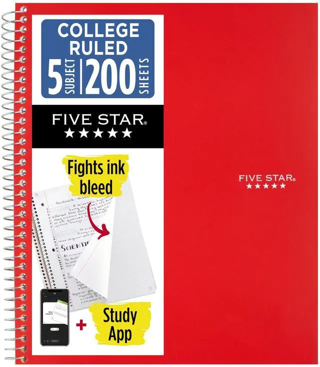 Main image of Spiral Notebook + Study App, 5 Subject, College Ruled Paper, 8-1/2" x 11", 200 Sheets, Fights Ink Bleed, Water Resistant Cover, Fire Red (72077)