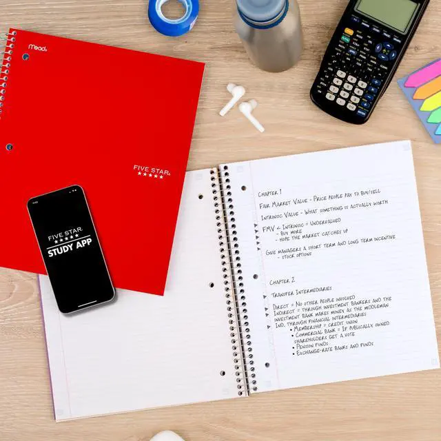 Alt view image 3 of 7 - Spiral Notebook + Study App, 5 Subject, College Ruled Paper, 8-1/2" x 11", 200 Sheets, Fights Ink Bleed, Water Resistant Cover, Fire Red (72077)