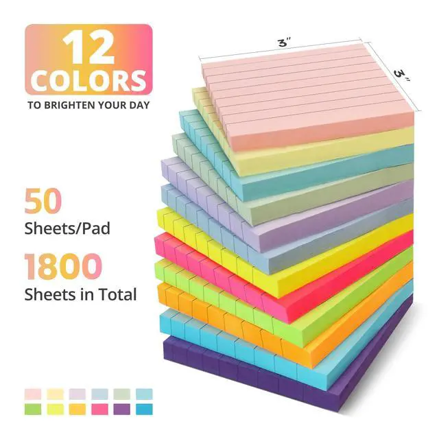 Alt view image 2 of 7 - Lined Sticky Notes, 36 Pads, 3 x 3 Inches, 50 Sheets/Pad, Bright