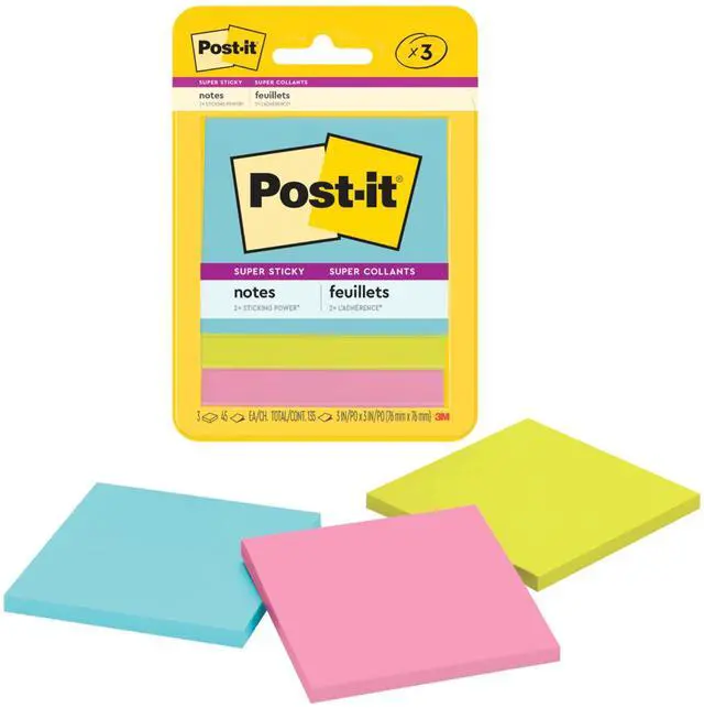 Main image of Super Sticky Notes, 3 Sticky Note Pads, 3 x 3 in., School Supplies, Office Products, Sticky Notes for Vertical Surfaces, Monitors, Walls and Windows, Supernova Neons Collection