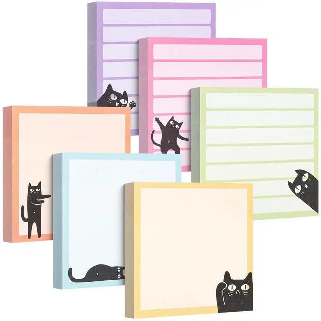 Main image of Black Cat Sticky Notes Set, 3" x 3", 6 Pads, 480 Sheets | Black Cat Sticky Notes, Memo Pads, Self-Stick Note Pad for Office, School, Home, Study & Organization