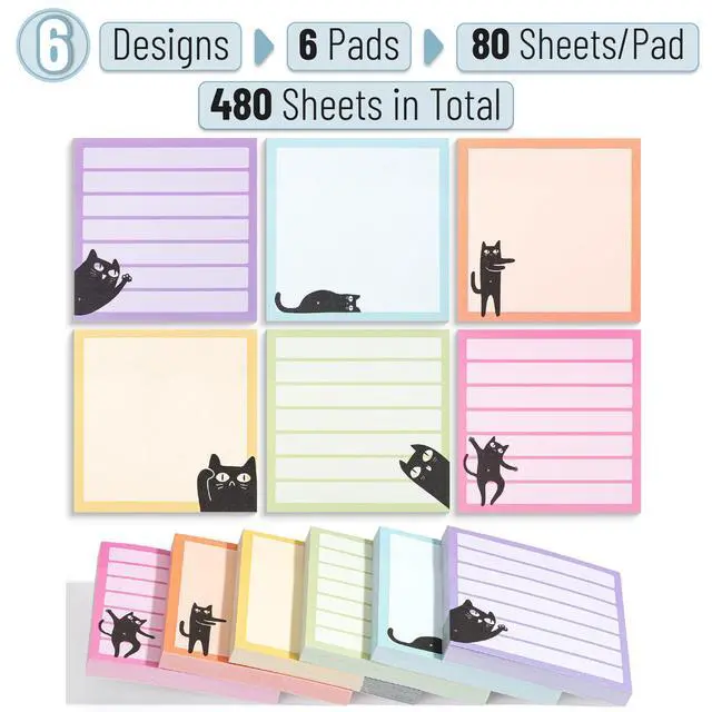Alt view image 2 of 7 - Black Cat Sticky Notes Set, 3" x 3", 6 Pads, 480 Sheets | Black Cat Sticky Notes, Memo Pads, Self-Stick Note Pad for Office, School, Home, Study & Organization