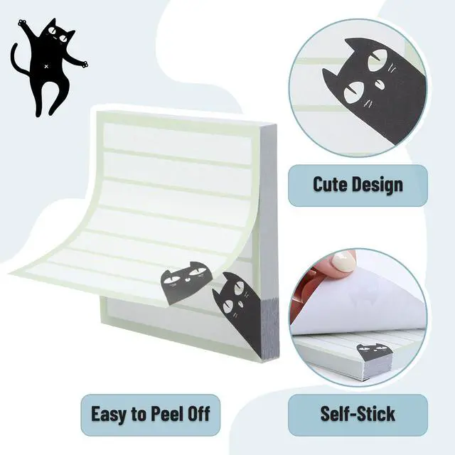 Alt view image 4 of 7 - Black Cat Sticky Notes Set, 3" x 3", 6 Pads, 480 Sheets | Black Cat Sticky Notes, Memo Pads, Self-Stick Note Pad for Office, School, Home, Study & Organization