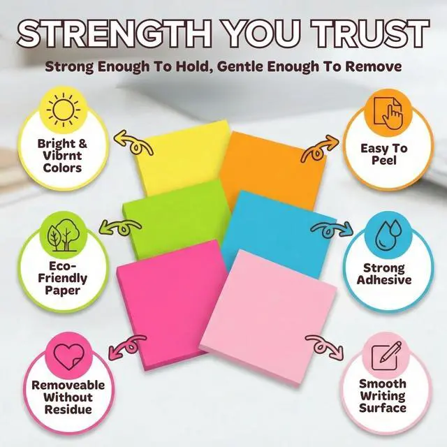 Alt view image 4 of 7 - 12 Pads Sticky Notes 3x3, 1200 Sheets Very Very Sticky, Bright Neon Color
