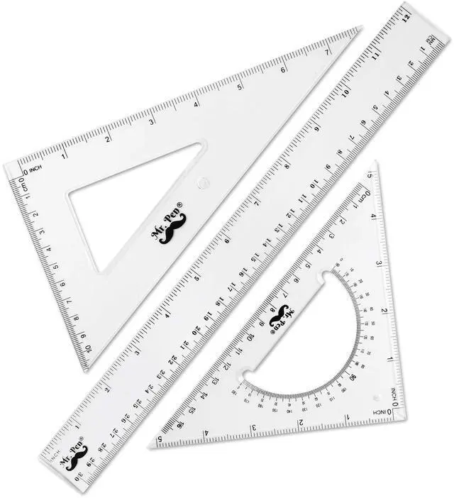 Main image of Triangle Ruler, Protractor, Math Set - 3 Pack, Square Ruler
