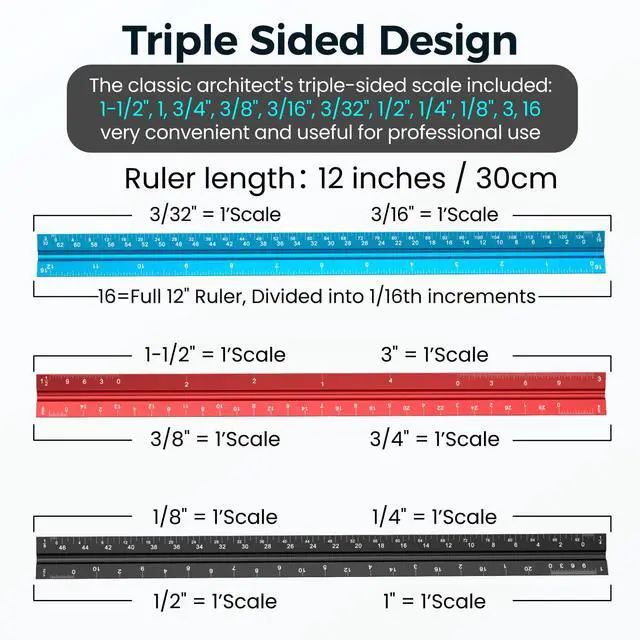 Alt view image 3 of 7 - Architectural Scale Ruler: 12" Imperial Aluminum Alloy Metal Architecture Measuring Tools, Engineering Drafting Construction Drawing Blueprints Triangular Architect Scaling Rulers 12 Inches