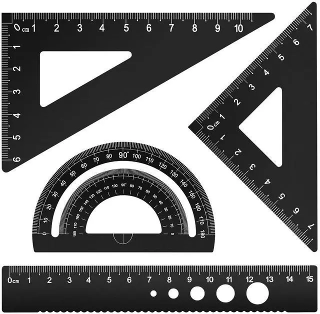 Main image of Triangular Ruler Set, 4 Pieces Aluminum Alloy Ruler, Metal Drafting Ruler, Geometric Protractor for Students, Draftsmen, Engineers, School Office Supplies (Black)