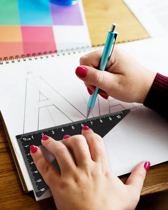 Alt view image 3 of 6 - Triangular Ruler Set, 4 Pieces Aluminum Alloy Ruler, Metal Drafting Ruler, Geometric Protractor for Students, Draftsmen, Engineers, School Office Supplies (Black)