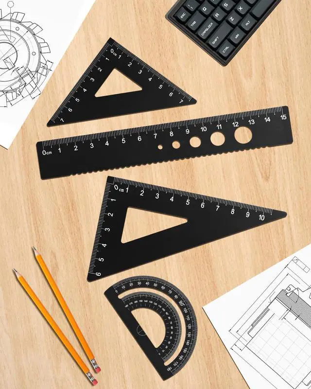 Alt view image 5 of 6 - Triangular Ruler Set, 4 Pieces Aluminum Alloy Ruler, Metal Drafting Ruler, Geometric Protractor for Students, Draftsmen, Engineers, School Office Supplies (Black)
