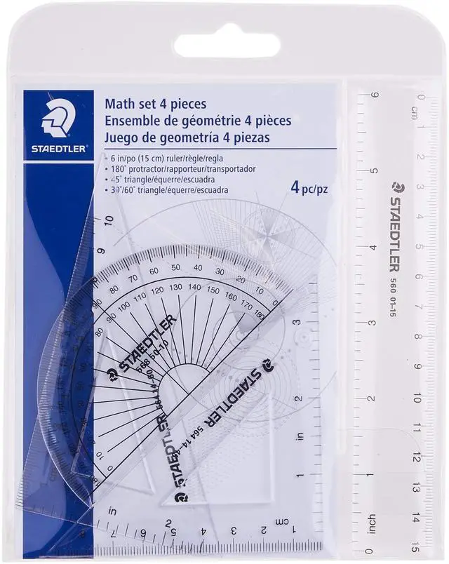 Main image of Math Set - 4 pc Geometry Kit for Students - School Supplies with Clear Protractor, 6in Ruler & 2 Triangles Metric & Imperial Scales