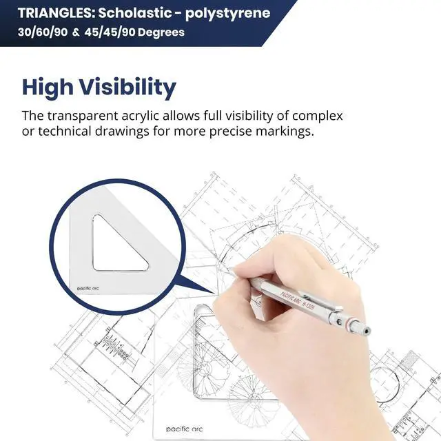 Alt view image 3 of 5 - Scholastic Triangle - 10 inch - Clear - 45/90 Angle - Plain Edge - Polystyrene - Technical Drawing Tools, Drafting, Architect and Engineering.