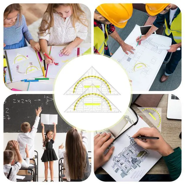 Alt view image 3 of 7 - 4 Pcs Multifunctional Triangle Ruler with Handle, Plastic Triangle Ruler Protractor Geometry Set Transparent Set Square Drafting Ruler for Architectors Designers Engineers Drawing Tools