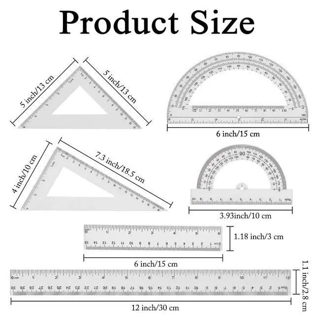 Alt view image 2 of 7 - Plastic Clear Ruler Math Set-4 12 Inch 6 Inch Transparent Straight Ruler, 30/60 and 45/90 Triangle Ruler Geometry Math Transparent Ruler Measuring Tool for School Office Home Teachers Kids Supplies