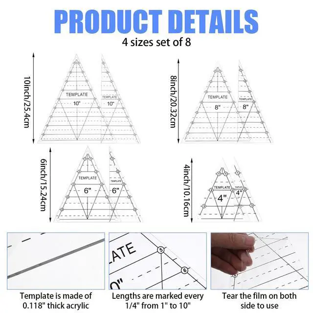 Alt view image 2 of 7 - 8 Pcs Tall Triangle Ruler for Quilting 4 6 8 10 Inch Acrylic Template Rulers Quilting Sewing Layer Cake Patchwork Supplies for Cutting Pattern DIY Craft (Clear)