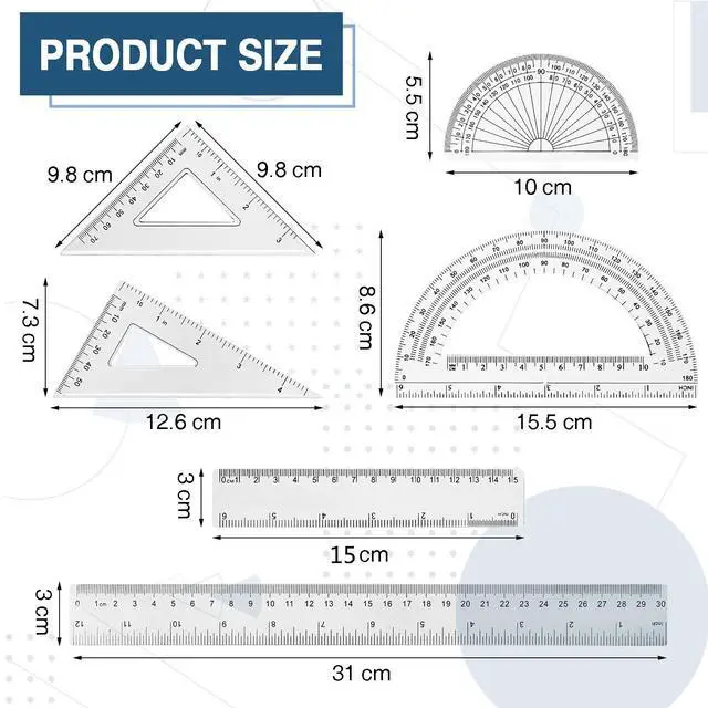 Alt view image 2 of 7 - 1 Set Plastic Clear Math Set Includes Protractor Triangle Rulers 12 Inch 6 Inch Straight Geometry Math Transparent Ruler Measuring Tool for School Office Home Supplies(Clear)