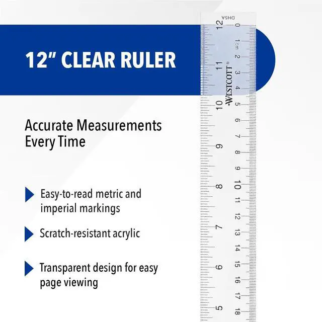 Alt view image 2 of 7 - Acrylic Clear Ruler, Easy-to-Read Markings, Scratch-Resistant Design, Raised Beveled Edges, for Crafting, Office, Classroom, Back to School Supplies, 12-Inch