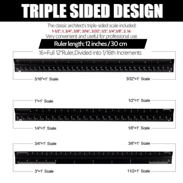 Alt view image 3 of 7 - 12" Architectural Scale Ruler, Aluminum Scale, Triangular Ruler, Scale Ruler for Blueprint Imperial Measurements for Architects Engineering Artists, Draftsman Drawing, Laser-Etched Markings.(Black)