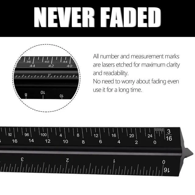 Alt view image 4 of 7 - 12" Architectural Scale Ruler, Aluminum Scale, Triangular Ruler, Scale Ruler for Blueprint Imperial Measurements for Architects Engineering Artists, Draftsman Drawing, Laser-Etched Markings.(Black)