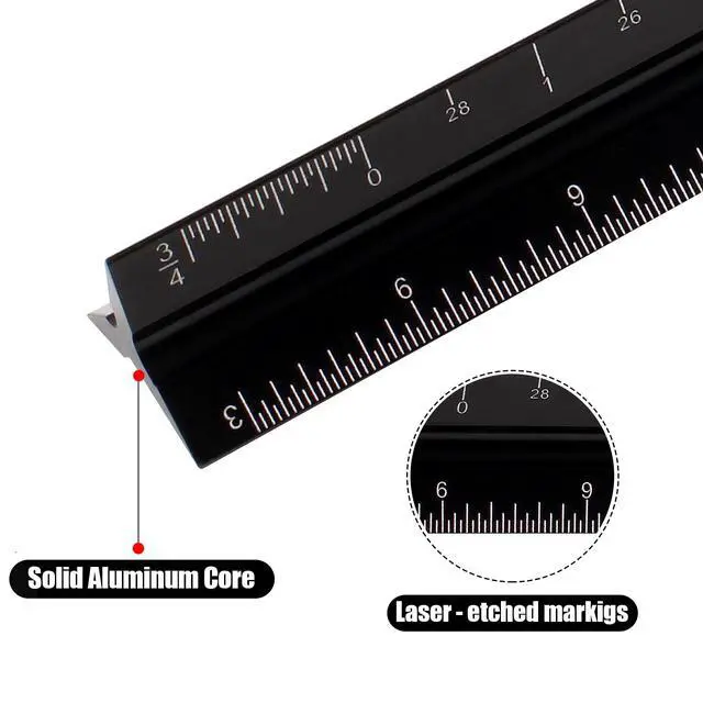 Alt view image 2 of 7 - 12" Architectural Scale Ruler, Aluminum Scale, Triangular Ruler, Scale Ruler for Blueprint Imperial Measurements for Architects Engineering Artists, Draftsman Drawing, Laser-Etched Markings.(Black)
