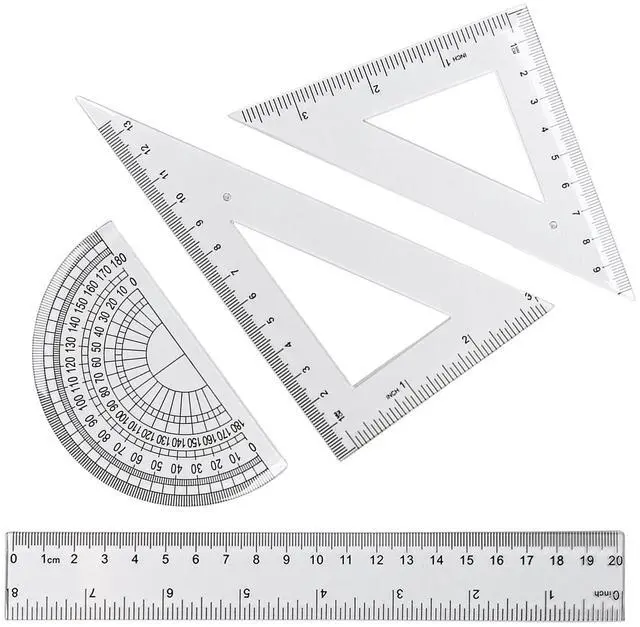 Main image of 4 Pcs Math Geometry Set, Transparent Plastic Geometry Kit Includes Protractor, Straight Ruler, Triangle Ruler, Clear Measuring Tools, Drafting Ruler for School and Office Supplies