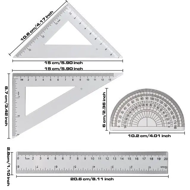 Alt view image 2 of 7 - 4 Pcs Math Geometry Set, Transparent Plastic Geometry Kit Includes Protractor, Straight Ruler, Triangle Ruler, Clear Measuring Tools, Drafting Ruler for School and Office Supplies