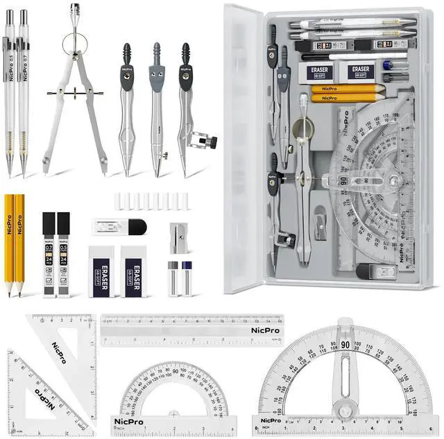 Main image of 22 PCS Compass Geometry Tools with Case, Drafting Tools Geometry Set with Swing Arm Protractor, Rulers, Metal Compass, Square Set, Mechanical Pencil, Back to School Supplies for Students