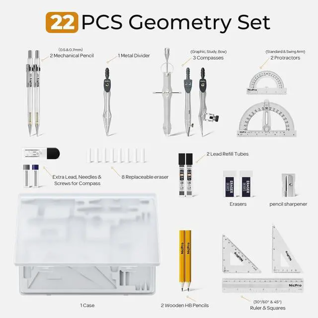 Alt view image 2 of 7 - 22 PCS Compass Geometry Tools with Case, Drafting Tools Geometry Set with Swing Arm Protractor, Rulers, Metal Compass, Square Set, Mechanical Pencil, Back to School Supplies for Students