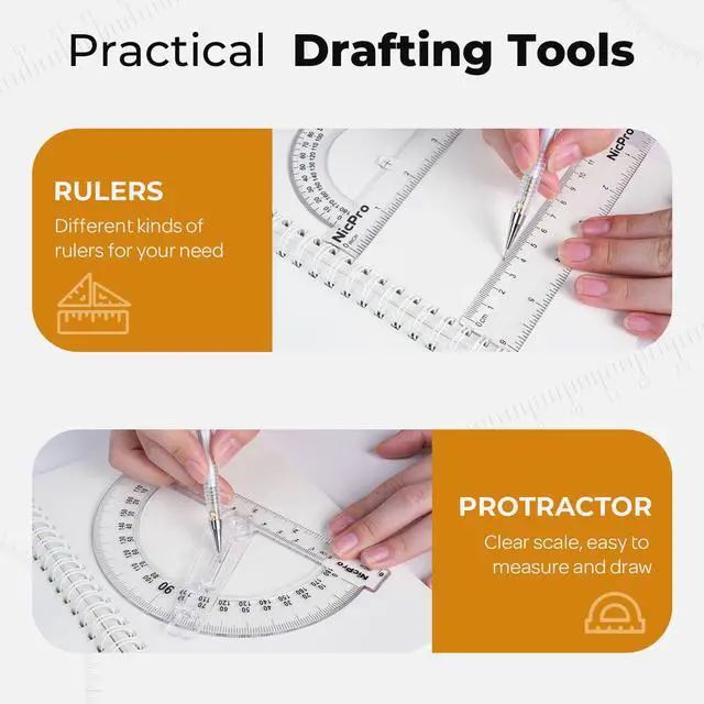 Alt view image 4 of 7 - 22 PCS Compass Geometry Tools with Case, Drafting Tools Geometry Set with Swing Arm Protractor, Rulers, Metal Compass, Square Set, Mechanical Pencil, Back to School Supplies for Students