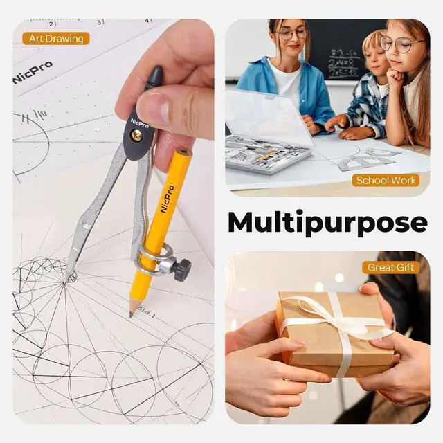 Alt view image 7 of 7 - 22 PCS Compass Geometry Tools with Case, Drafting Tools Geometry Set with Swing Arm Protractor, Rulers, Metal Compass, Square Set, Mechanical Pencil, Back to School Supplies for Students