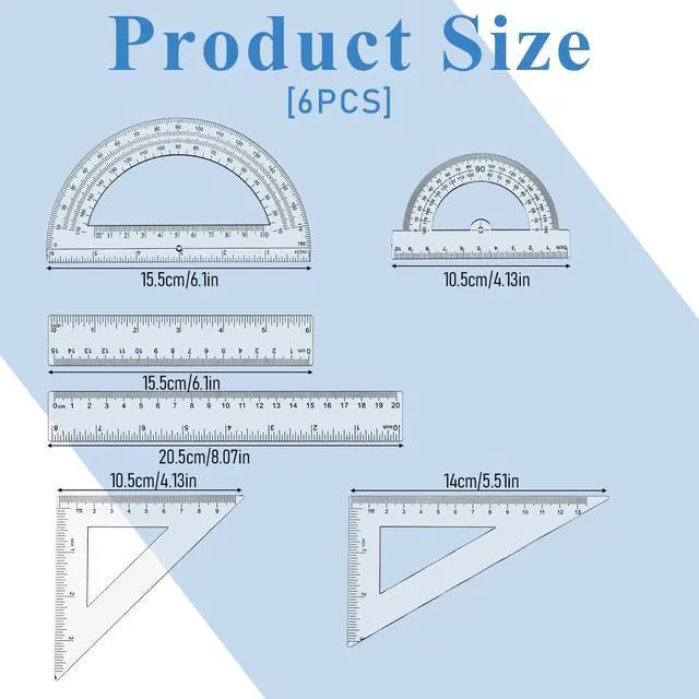 Alt view image 2 of 7 - 6 Pcs Geometry Set Transparent Plastic Clear Ruler Drafting Kit Includes Protractor Straight Ruler Triangle Rulers Clear Measuring Tools for Office Home Supplie