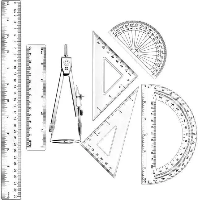 Main image of 7Piece Geometry Set with Drawing Compass, 6 & 4 Inch Protractors, Triangle Rulers and Straight Rulers, Transparent Math Drafting Supplies for Back to School, Students and Office Use(Clear)