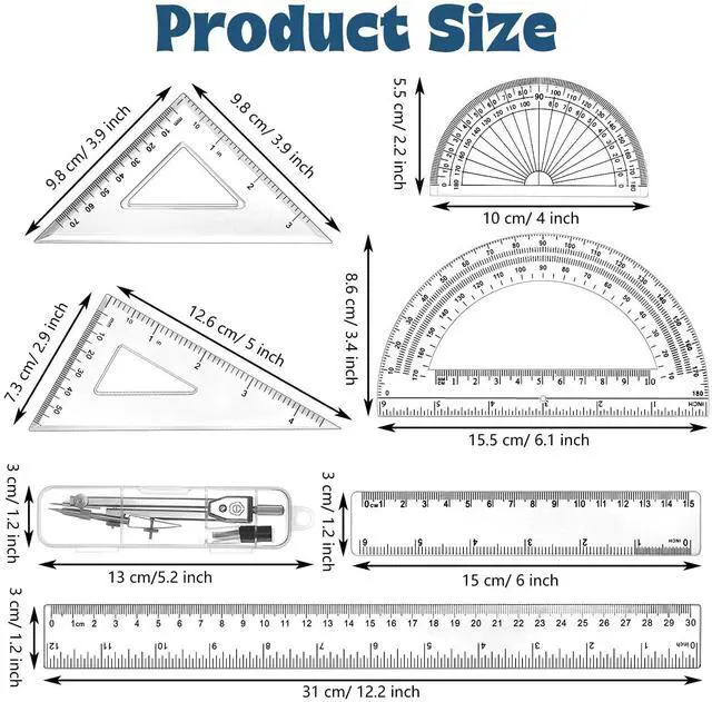 Alt view image 2 of 6 - 7Piece Geometry Set with Drawing Compass, 6 & 4 Inch Protractors, Triangle Rulers and Straight Rulers, Transparent Math Drafting Supplies for Back to School, Students and Office Use(Clear)