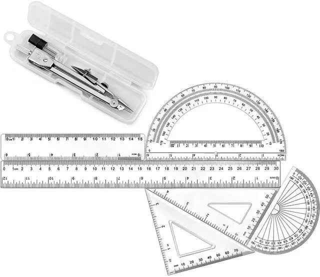 Alt view image 3 of 6 - 7Piece Geometry Set with Drawing Compass, 6 & 4 Inch Protractors, Triangle Rulers and Straight Rulers, Transparent Math Drafting Supplies for Back to School, Students and Office Use(Clear)