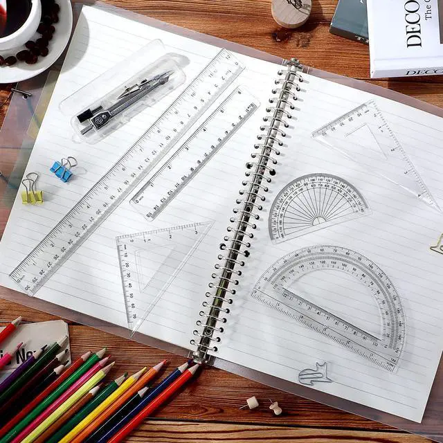 Alt view image 4 of 6 - 7Piece Geometry Set with Drawing Compass, 6 & 4 Inch Protractors, Triangle Rulers and Straight Rulers, Transparent Math Drafting Supplies for Back to School, Students and Office Use(Clear)